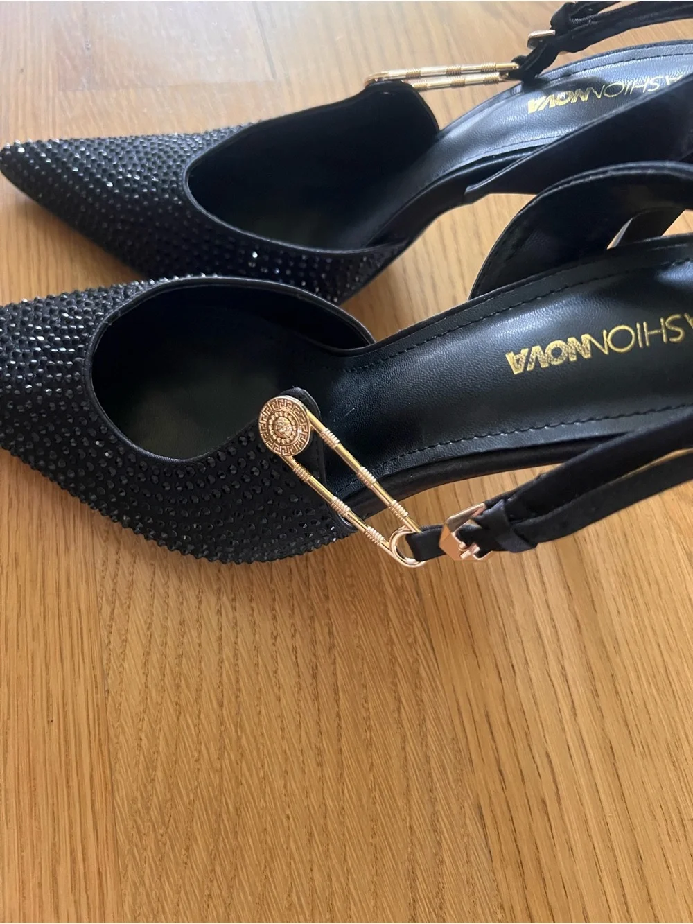 Fashion Nova Black Studded Pointed Slingback Heels with Gold Accents